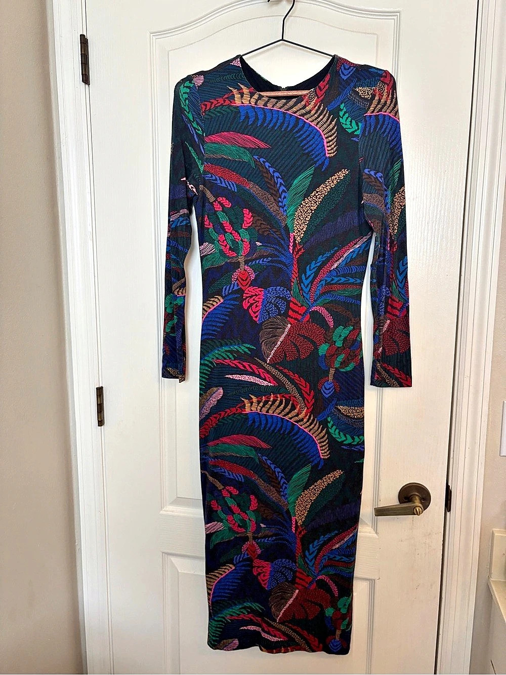 FARM Rio Amazonia Night Long Sleeve Midi Bodycon Dress S tropical botanical